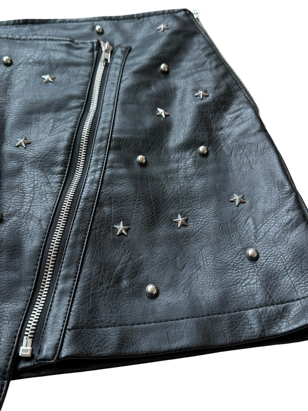 Forever 21 Star Stud Faux Leather Moto Mini Skirt Black Punk Grunge Y2K L Biker - Picture 3 of 11